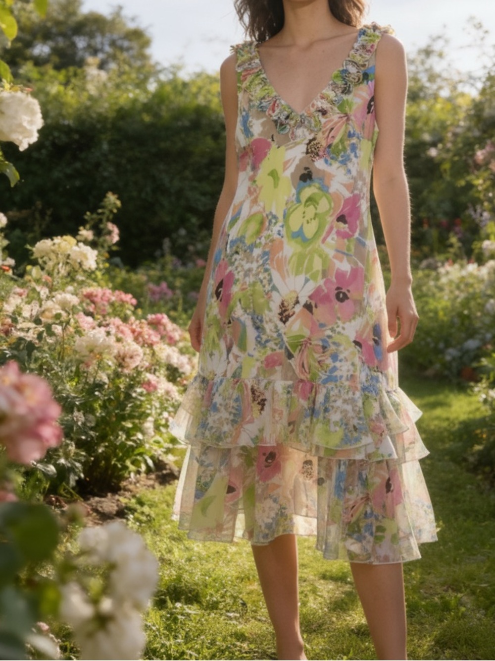 Dressbarn Floral Ruffle V-Neck Maxi Dress in Pink, Green, Beige Sz 20